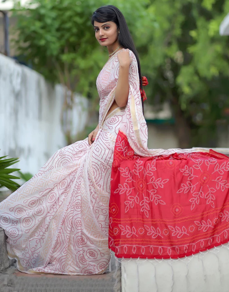 Light Baby Pink & Red Hand Bandhej Bandhani Saree