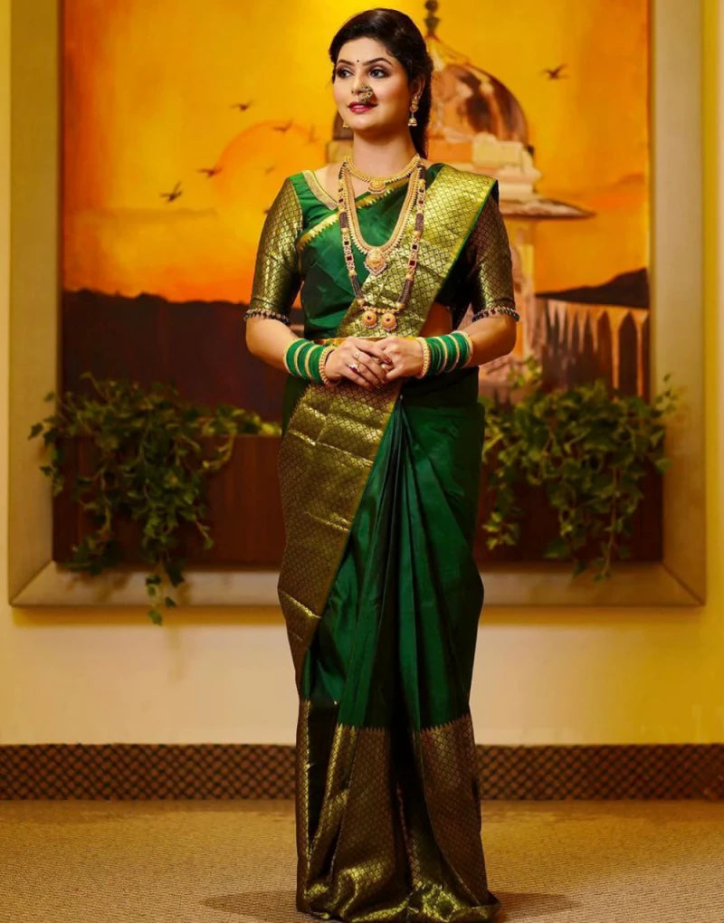 Dark Green Soft Lichi Silk With Heavy Jaquard Border Design Saree