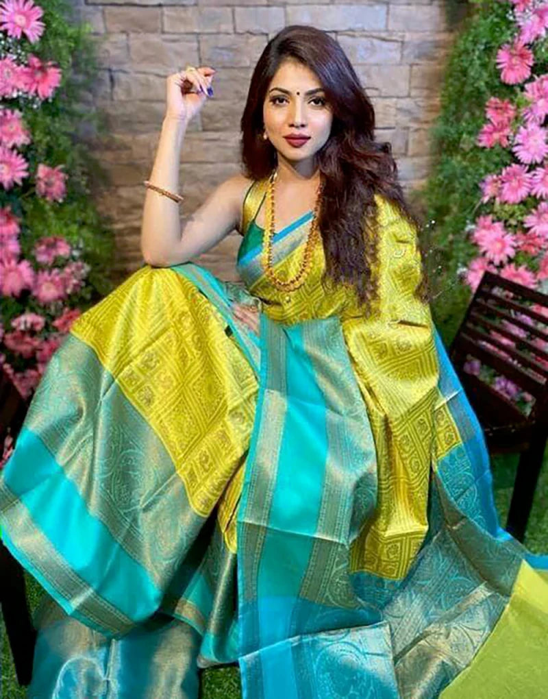 Lemon Yellow & Dark Sky Blue Stylist Designer Lichi Silk Saree