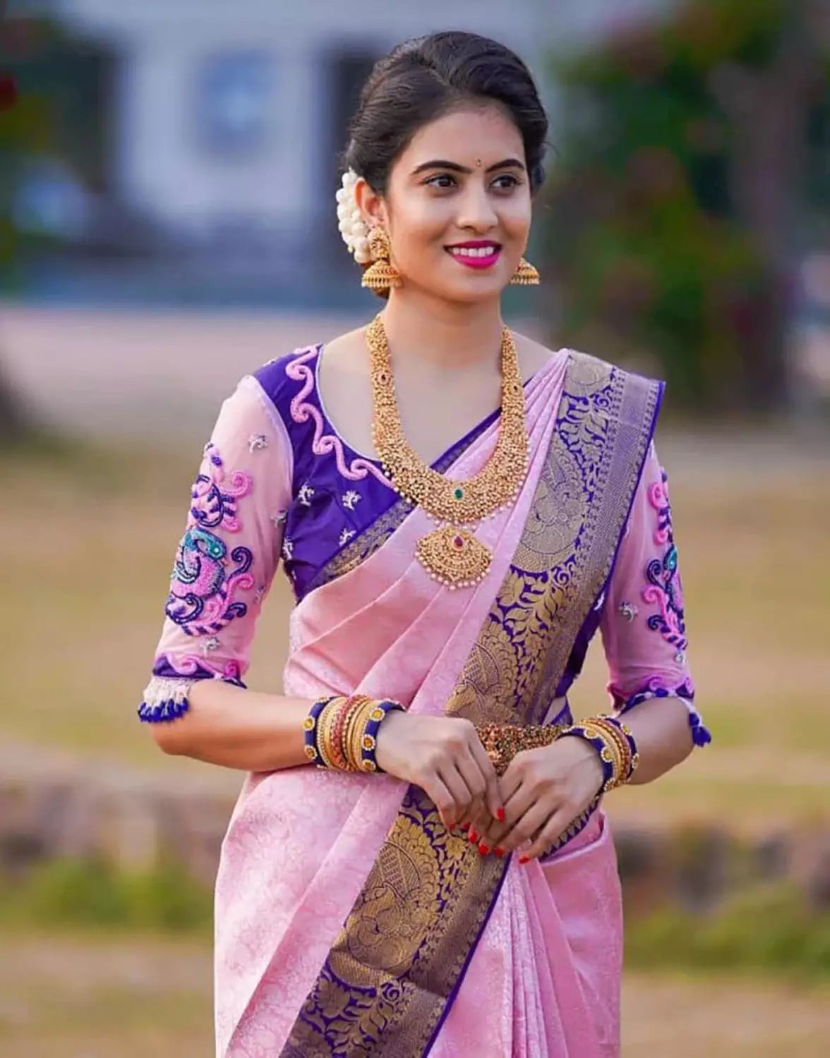 Baby Pink Heavy Border Designer Lichi Silk Saree