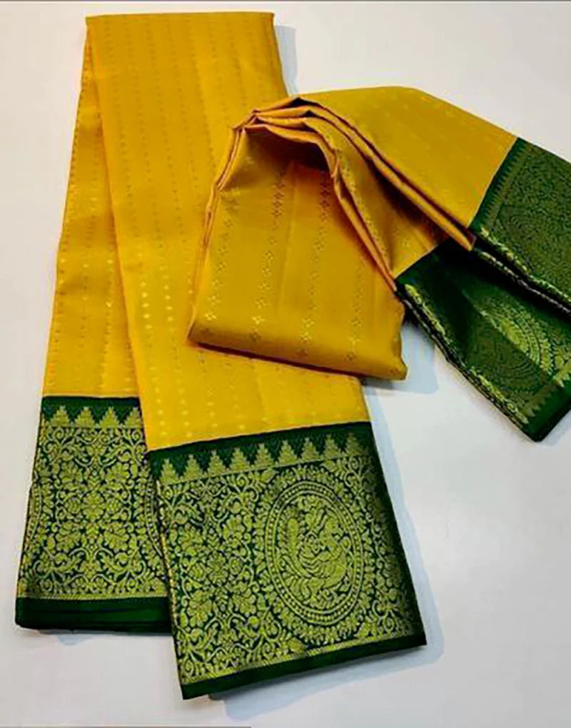 Yellow & Green Big Border Lichi Silk Saree