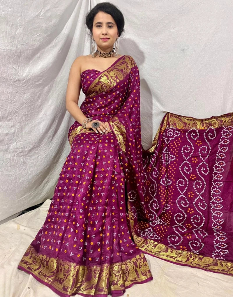 Dark Rani Hand Bandhej Bandhani Printed & Weaving
