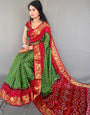 Green And Red Bandhej Bandhani Printed & Weaving Work