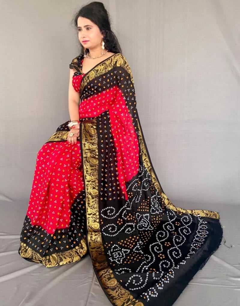 Red And Black Colour Hand Bandhej Bandhani Saree