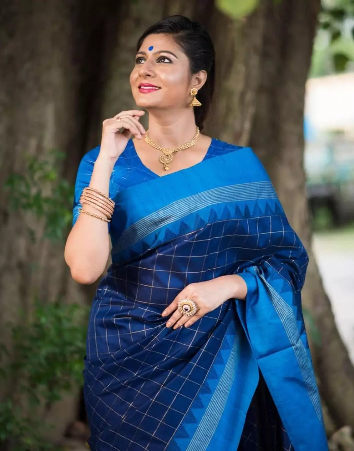 Checks Design Navy Blue Soft Raw Silk Saree With tassels
