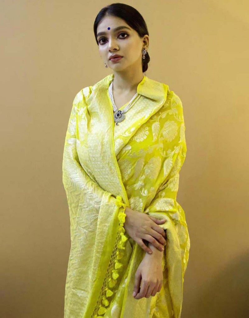 Stylish Yellow Jacquard Work Soft Silk Saree