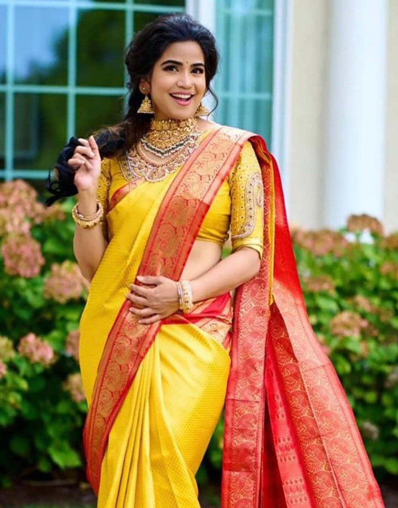 Yellow & Red Soft Silk Jacquard Border Saree