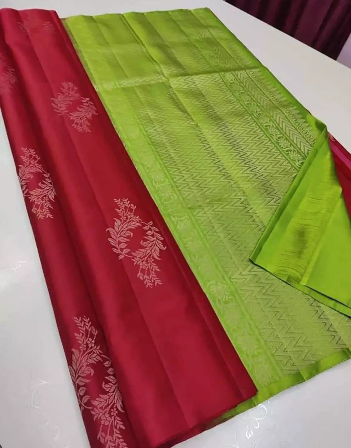 Red And Parrot Green Soft Silk Saree With Zari Weaving Work