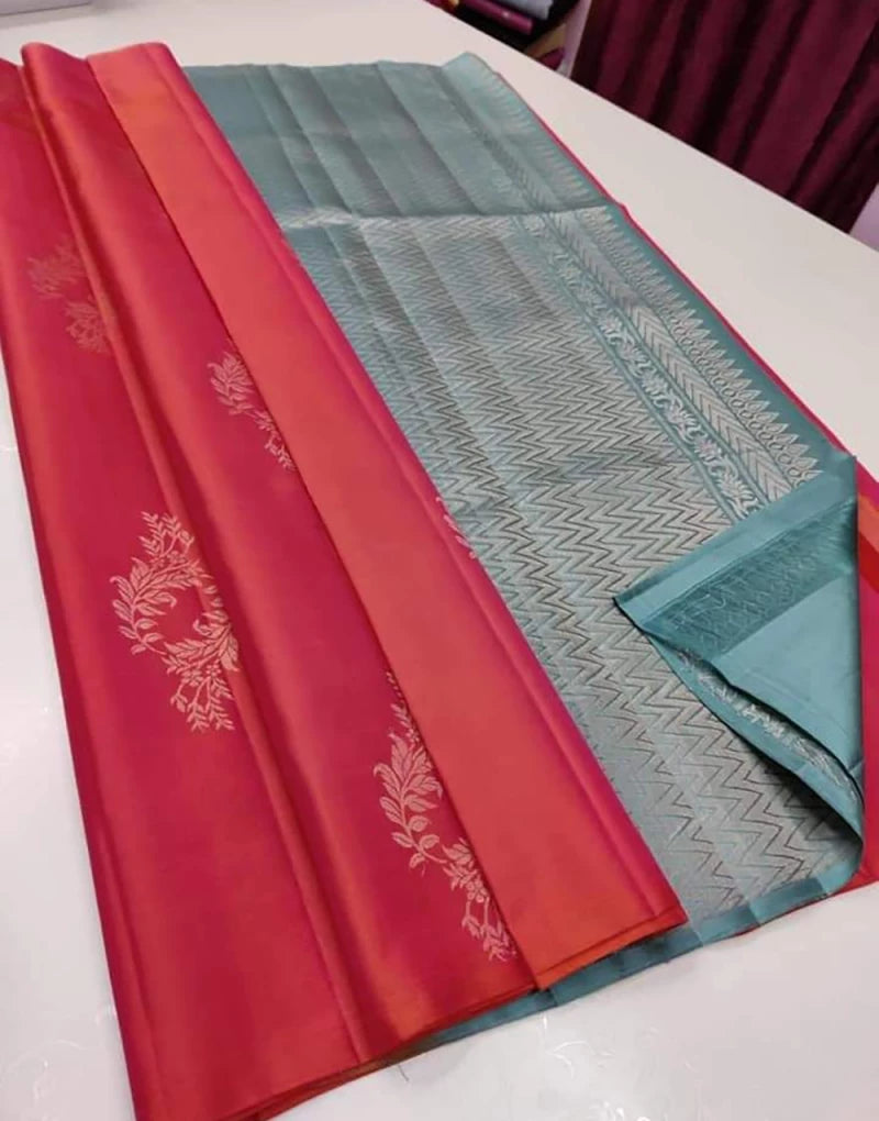 Dark Pink And Sky Blue Soft Silk Saree With Zari Weaving Work