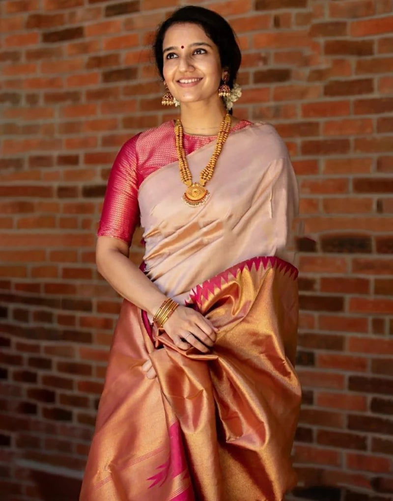 Shine Cream And Pink Border Soft Lichi Silk Saree