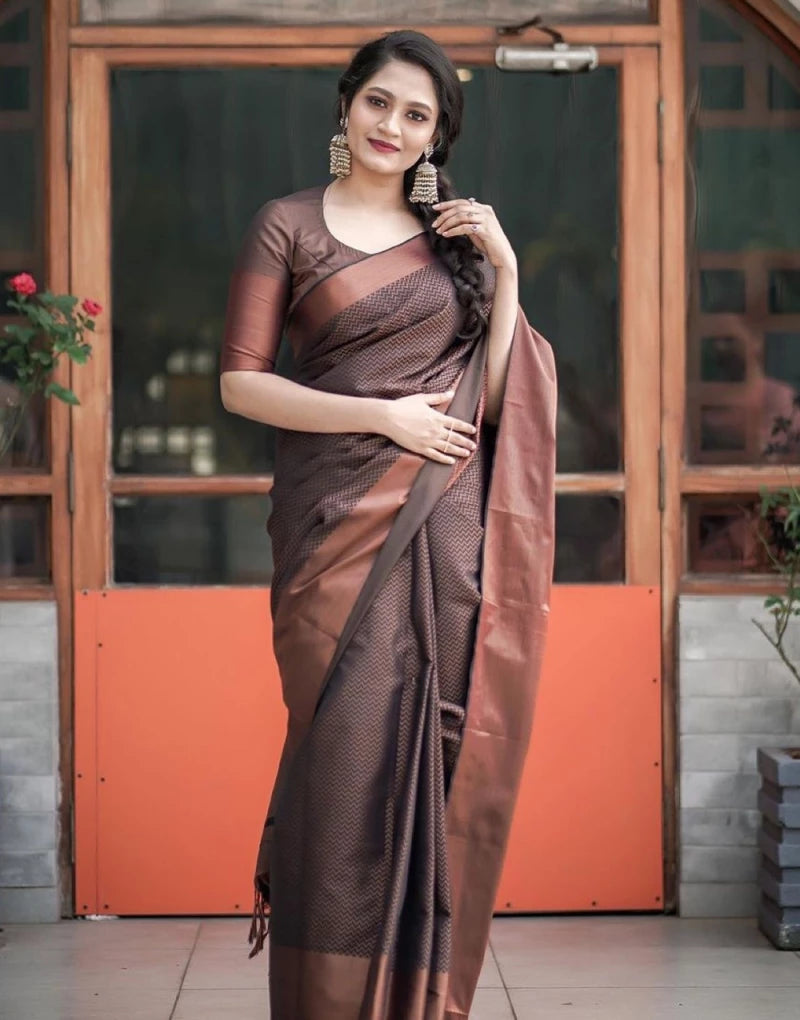Coffee Brown Rich Pallu And Jaquard Work Soft Silk Saree
