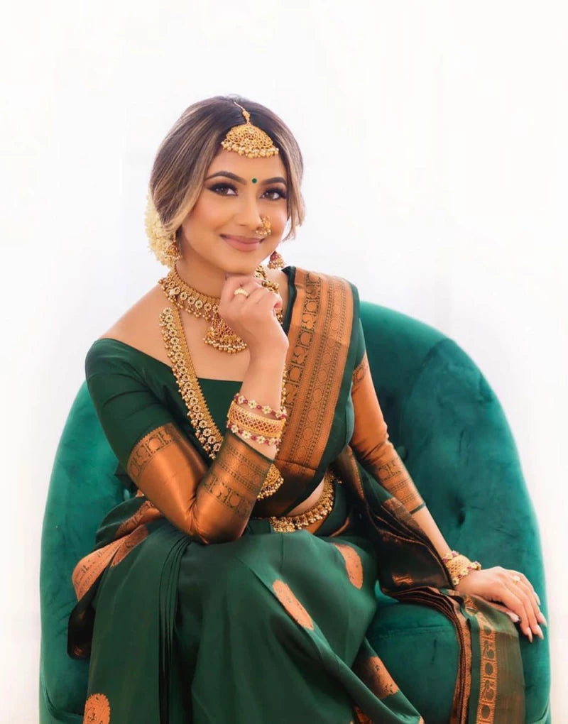 Dark Green Jacquard Border Soft Lichi Silk Saree