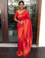 Hot Red Jacquard Border Lichi Silk Saree