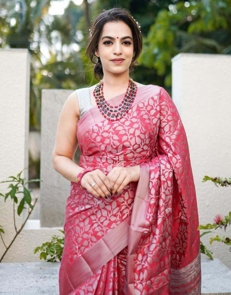 Blush Pink Soft Jacquard Brodar With Weaving Work