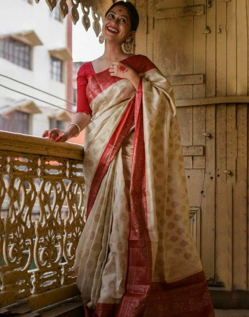 Off-White & Red Zari Weaving Silk Saree With Blouse