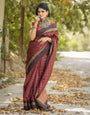 Checks Design Maroon Soft Raw Silk Saree With tassels