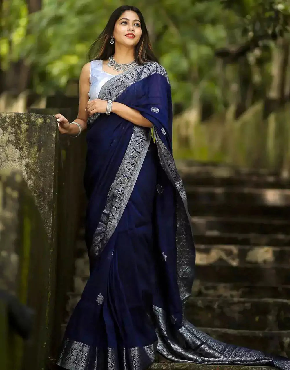 Navy Blue Soft Banarasi Silk Saree with Zari Weaving