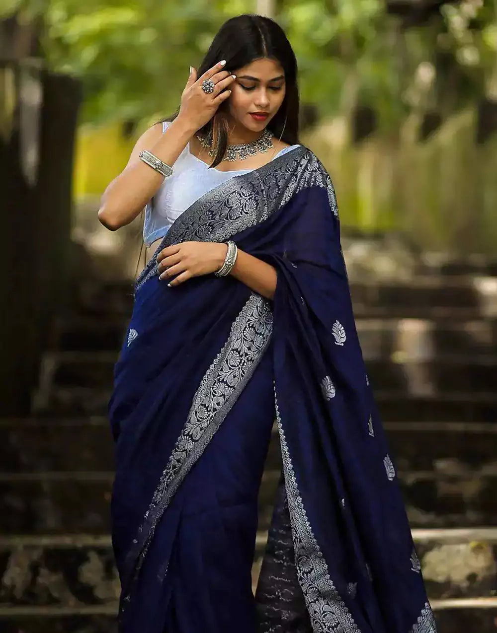 Navy Blue Soft Banarasi Silk Saree with Zari Weaving