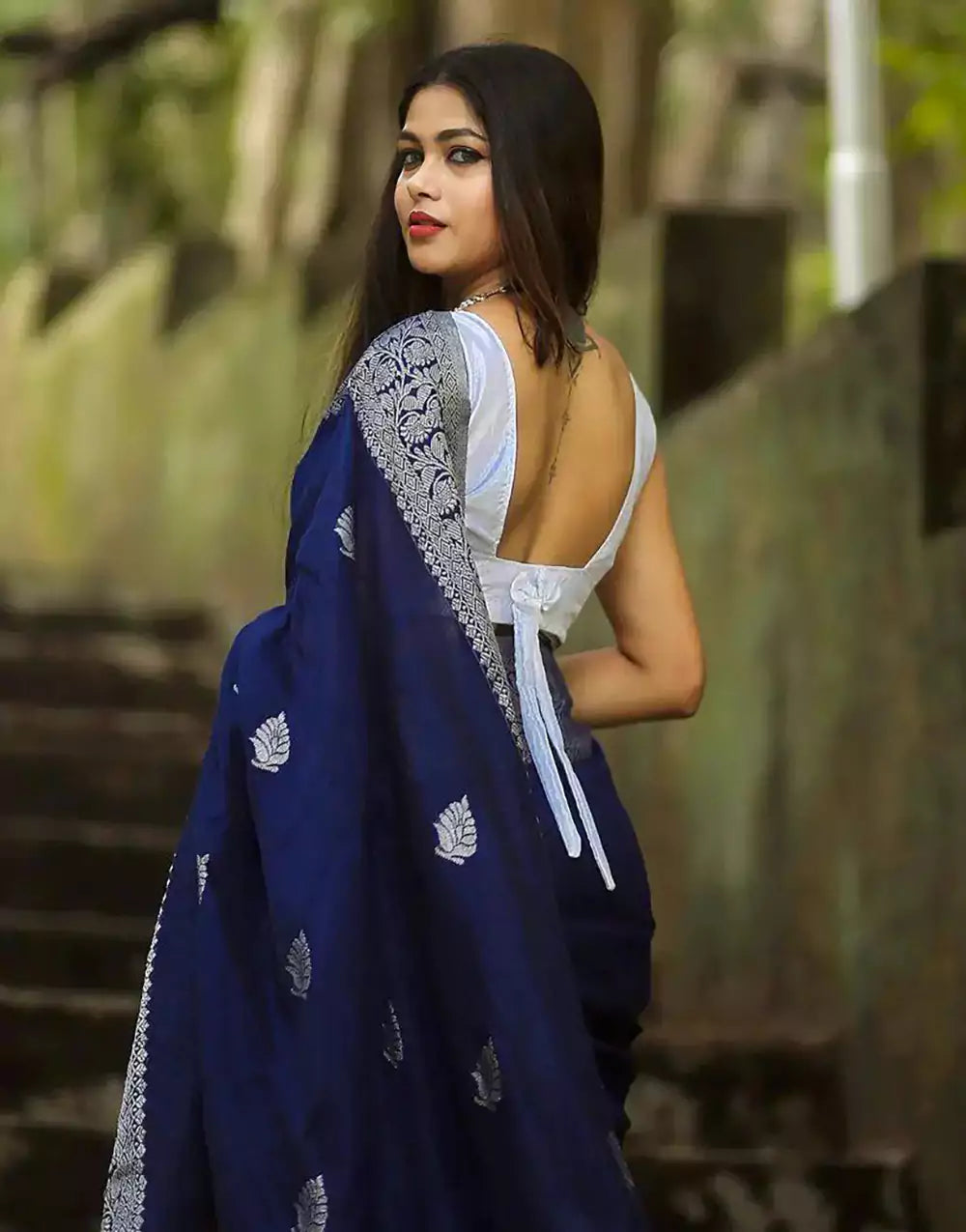 Navy Blue Soft Banarasi Silk Saree with Zari Weaving