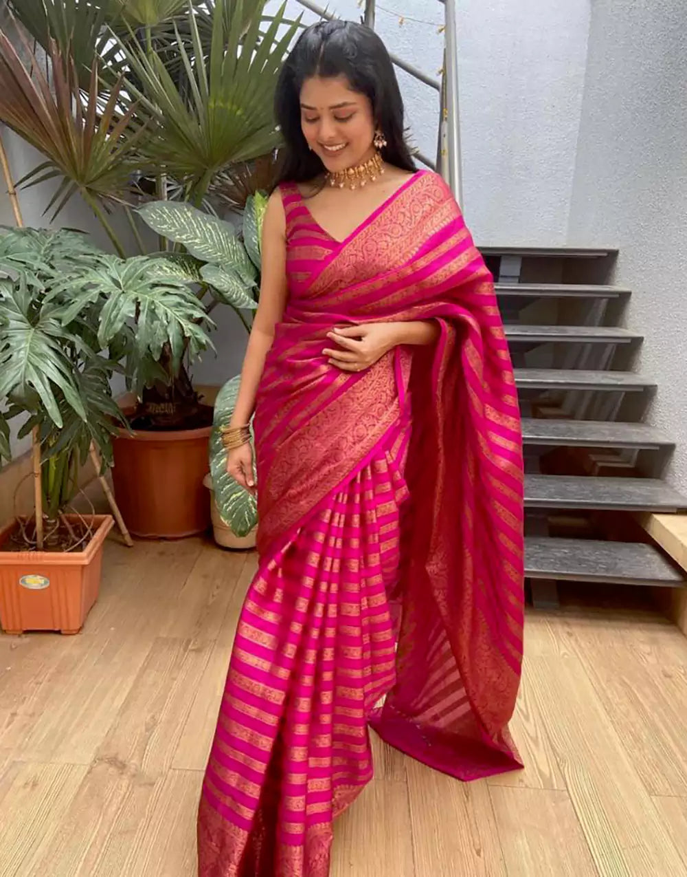 Latest Pink Soft Banarasi Silk Saree With Zari Weaving Work
