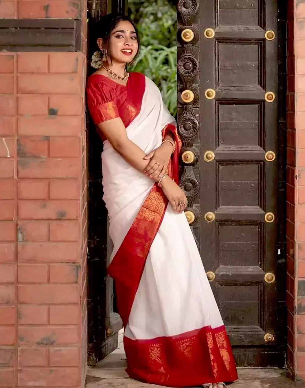 White Colour Banarasi Soft Silk Red Border Saree