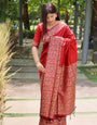 Red Raw Silk Saree With Handloom Weaving Work