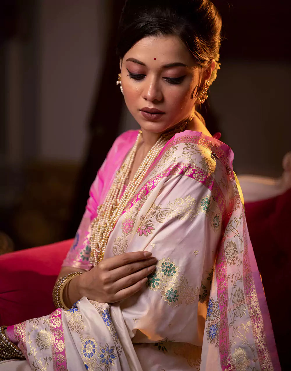 Baby Pink Soft Banarasi Silk Saree With Weaving Work