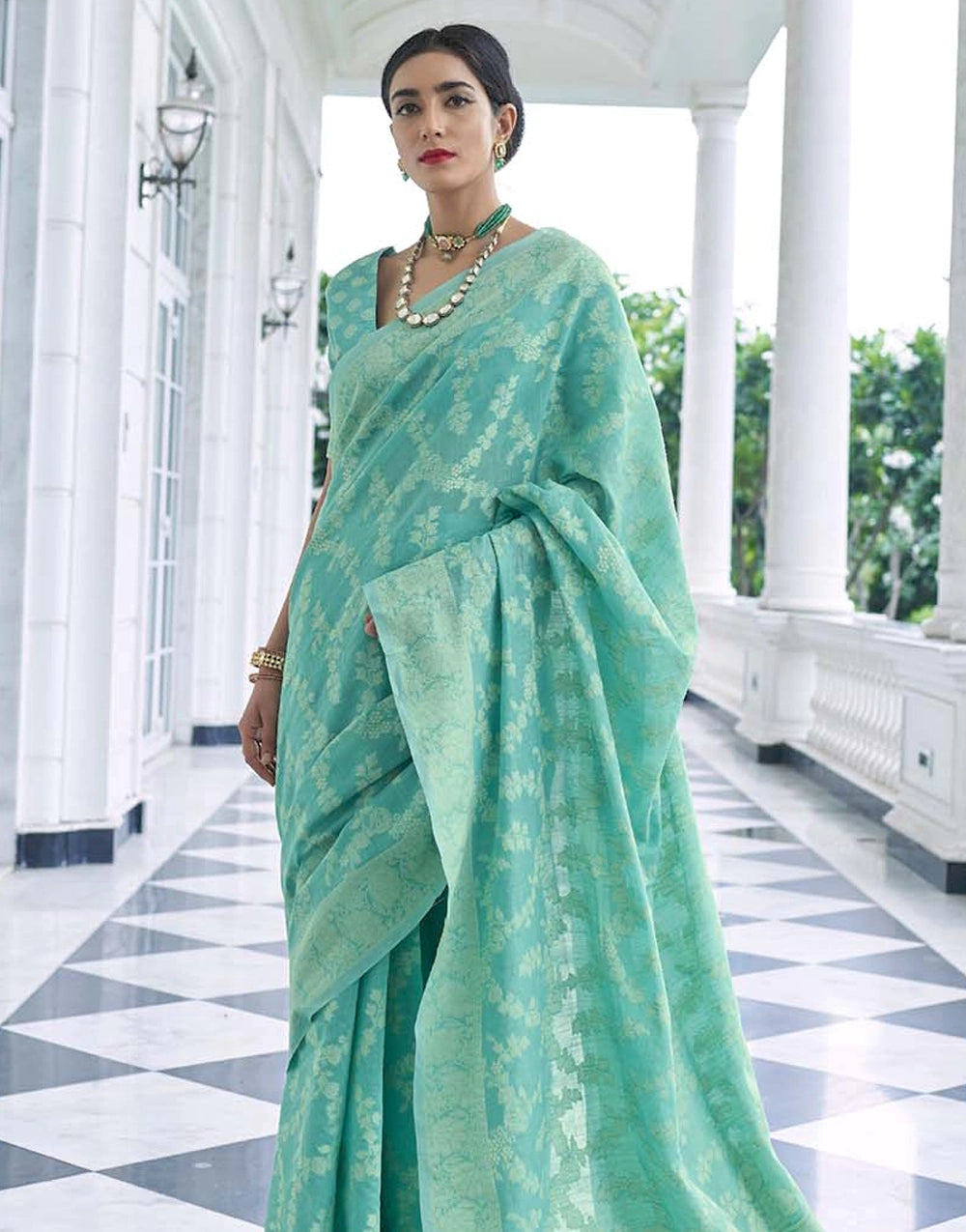 Gorgeous Green Lucknowi Cotton Silk Saree
