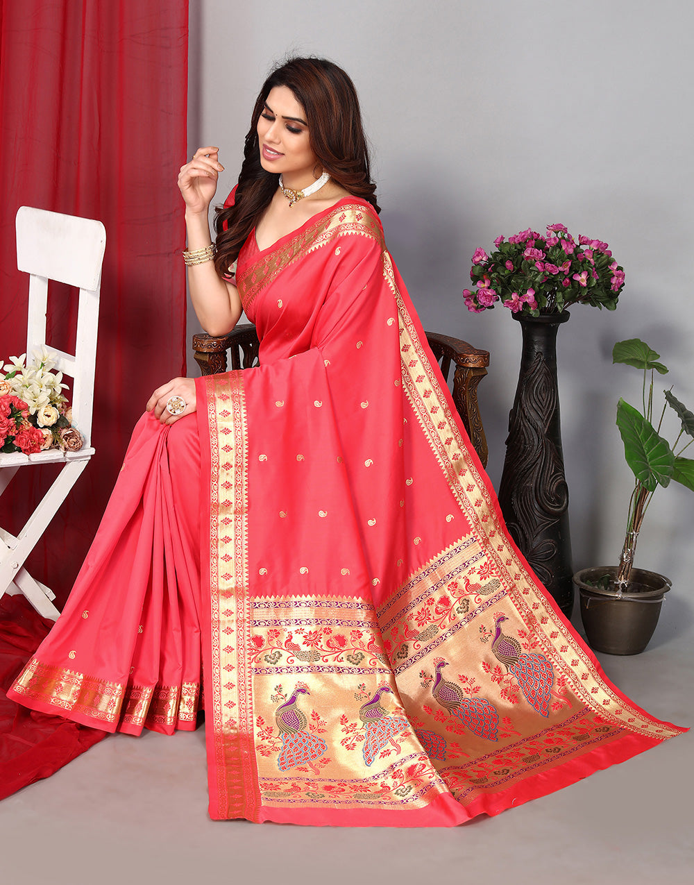 Rose Pink Paithani Saree With Zari Weaving Work