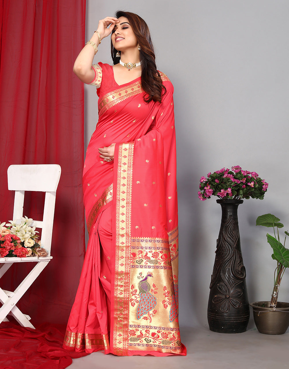 Rose Pink Paithani Saree With Zari Weaving Work