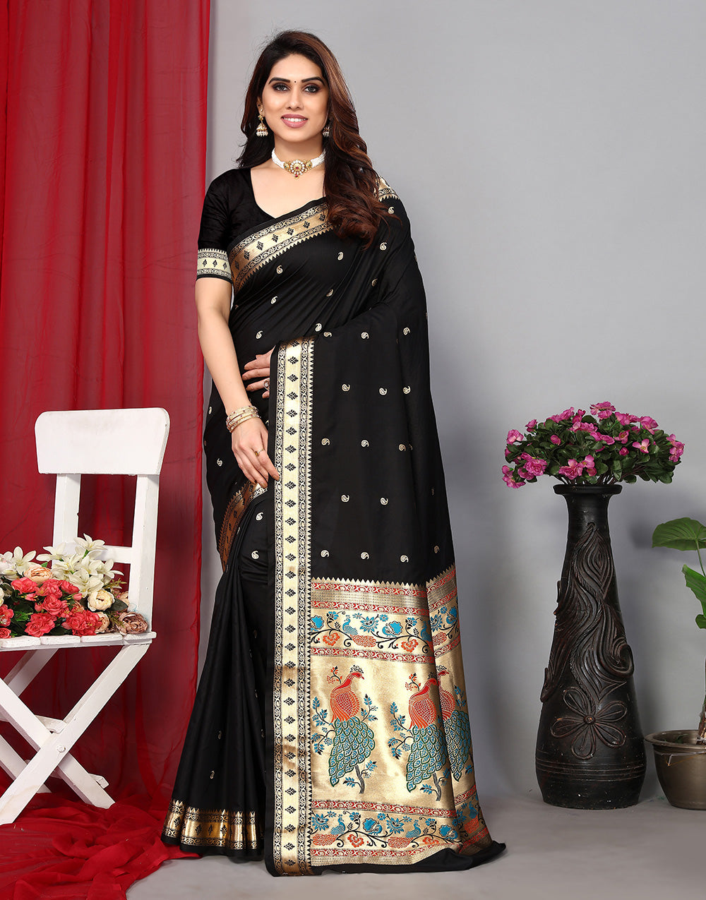Black Paithani Saree With Zari Weaving Work
