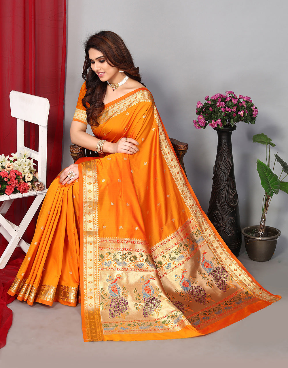 Orange Paithani Saree With Zari Weaving Work