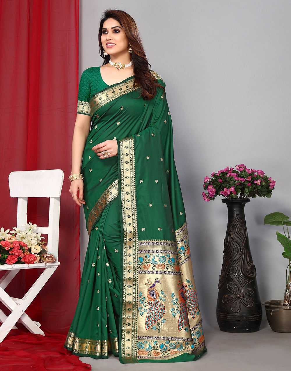 Green Paithani Saree With Zari Weaving Work