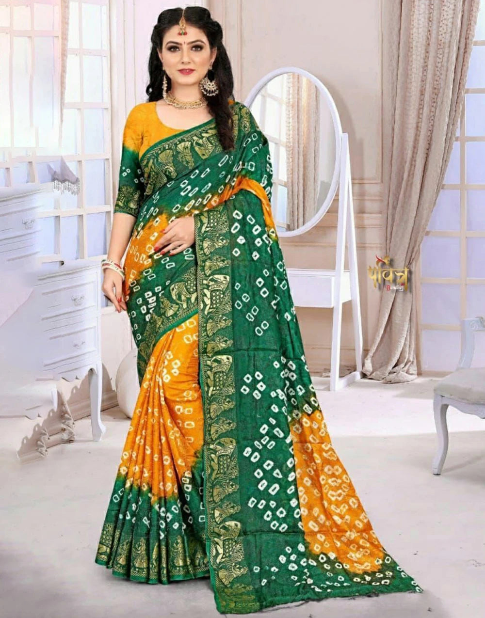 Green And Yellow Bandhni Saree With Zari Weaving Heavy Border
