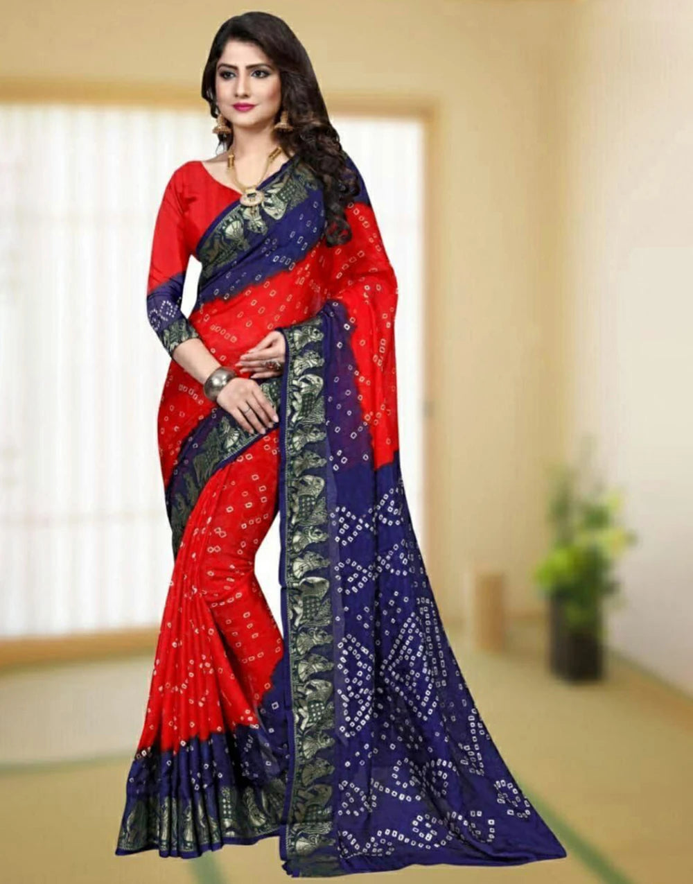 Red And purple Soft Bandhani Saree With Hand Bandhej Print