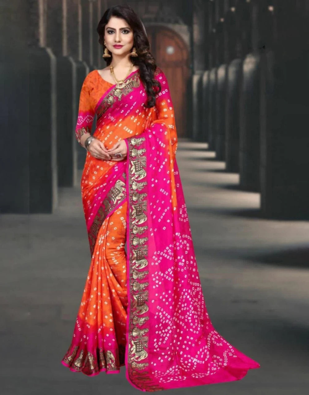 Pink And Orange Art Silk Saree With Zari Weaving Heavy Border