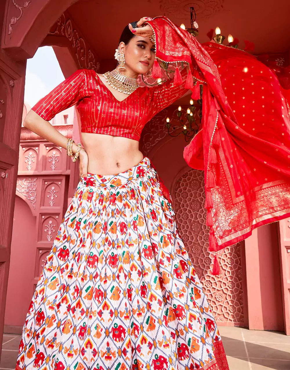 Dola Silk Red Patola Print With Foil Work Lehenga Choli