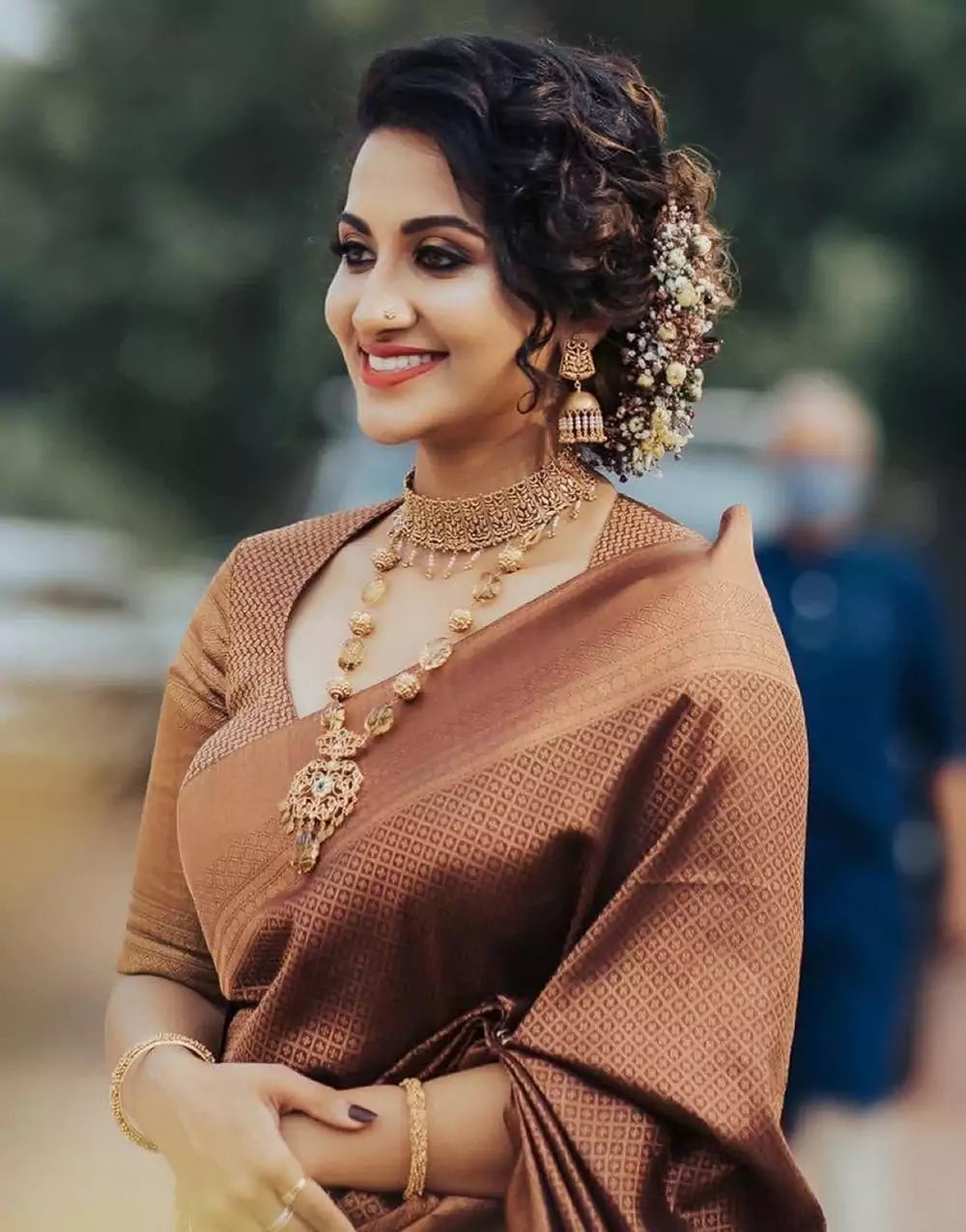 Dark Marron Soft Lichi Silk Saree With Zari Weaving Work