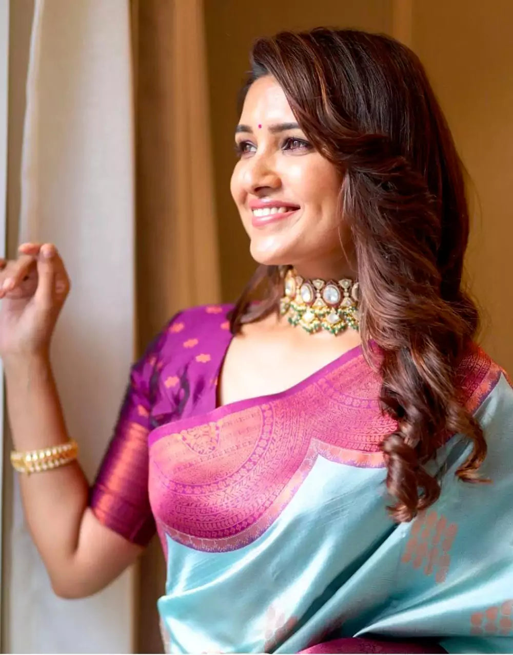 Violet And Sky Blue Colour Soft Lichi Silk Saree With Blouse