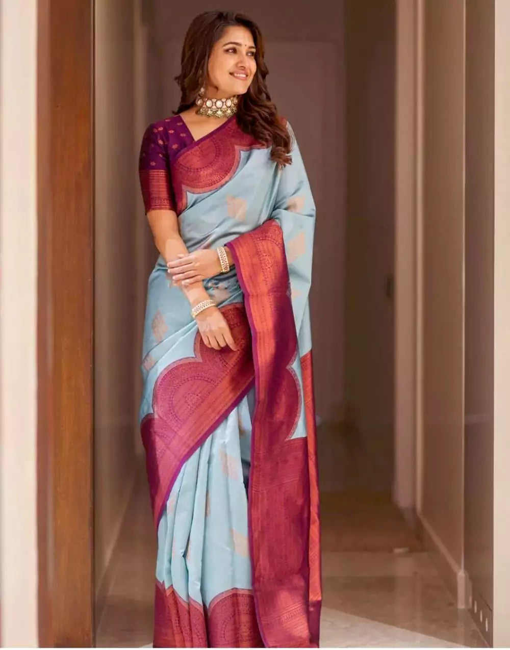 Violet And Sky Blue Colour Soft Lichi Silk Saree With Blouse