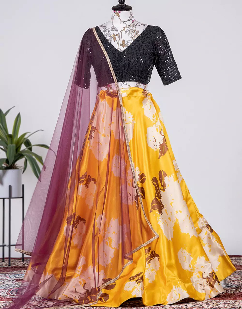 Yellow Satin Silk With Printed Lehenga Choli