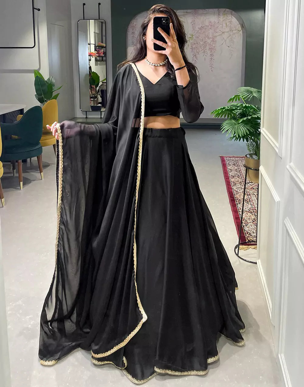 Black Rangoli Silk With Plain With Lace Border Lehenga Choli