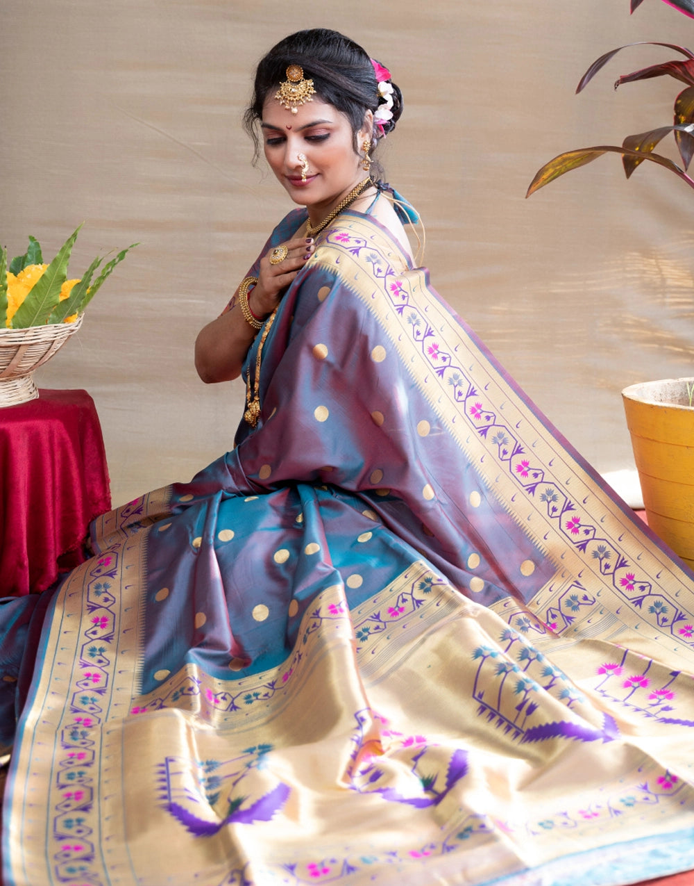 Stylish Cornflower Blue Pure Paithani Silk Saree