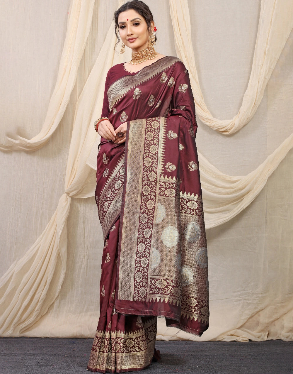 Brown Banarasi Silk Saree With blouse