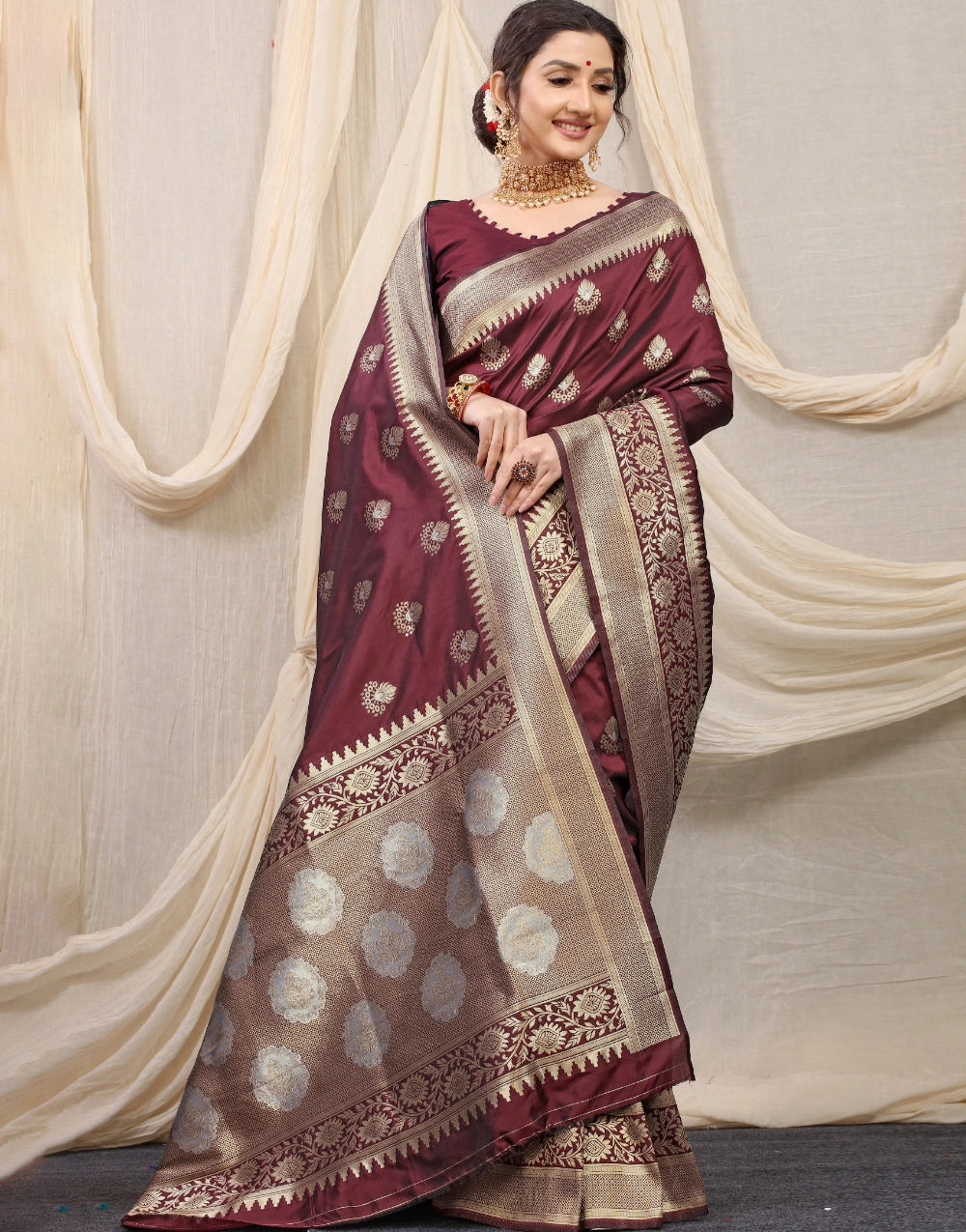Brown Banarasi Silk Saree With blouse
