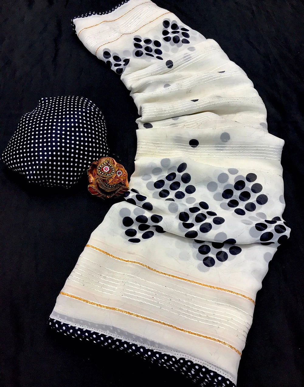 White & Black Georgette Sequence Crochet Saree With Lace Border