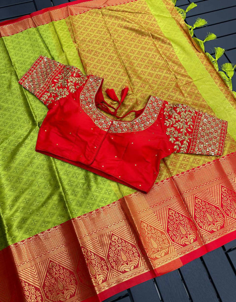 Lemon Green & Red Silk Saree With Ready Made Embroidery Blouse