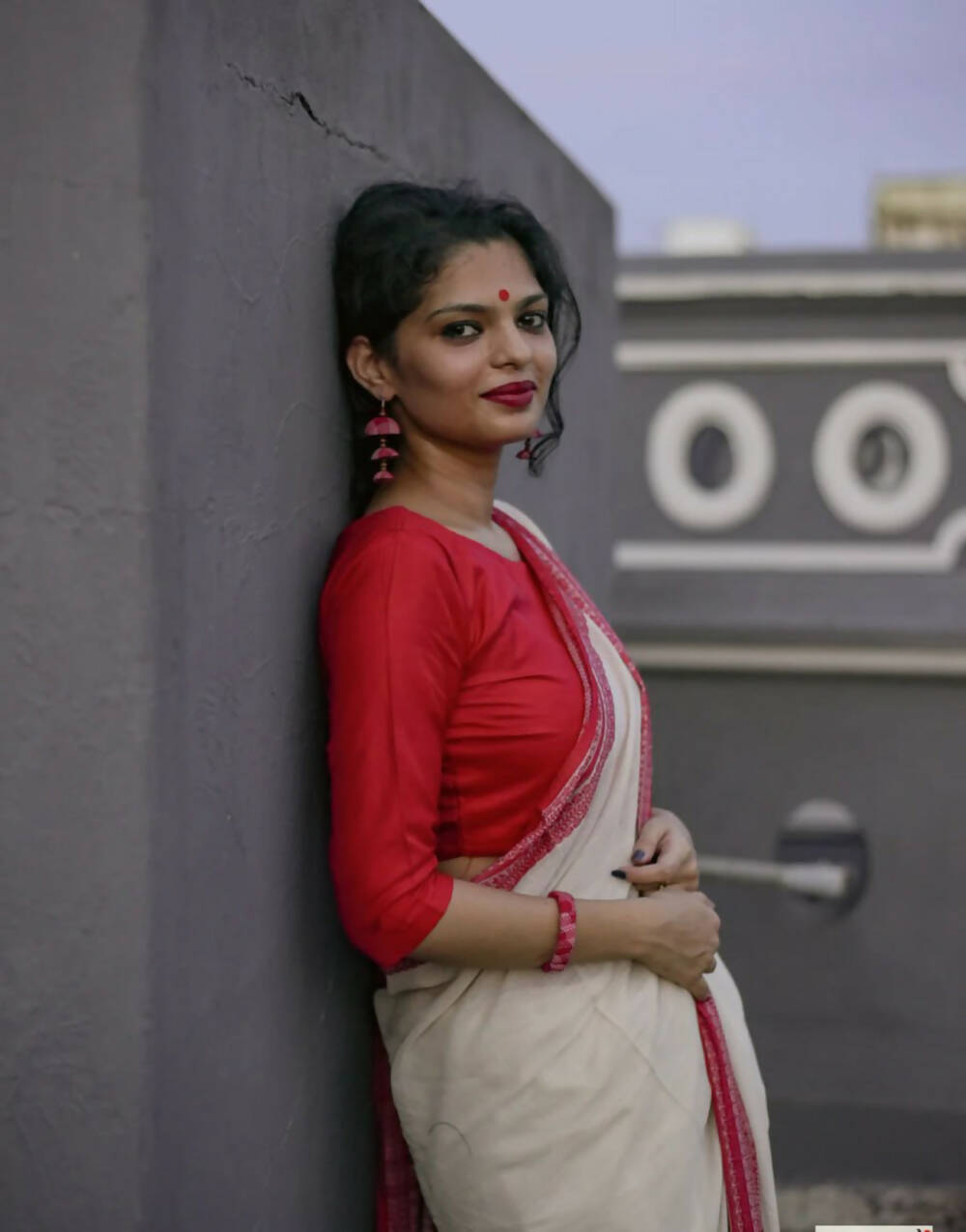 White & Red Cotton Saree With Weaving Work