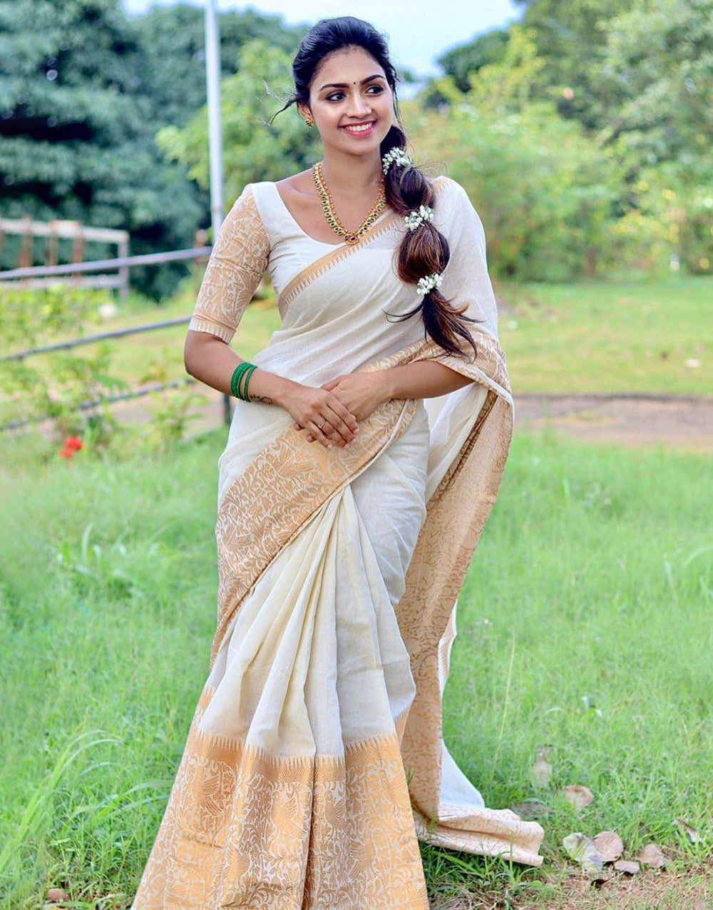 White Color Soft Lichi Silk Zari Work Saree