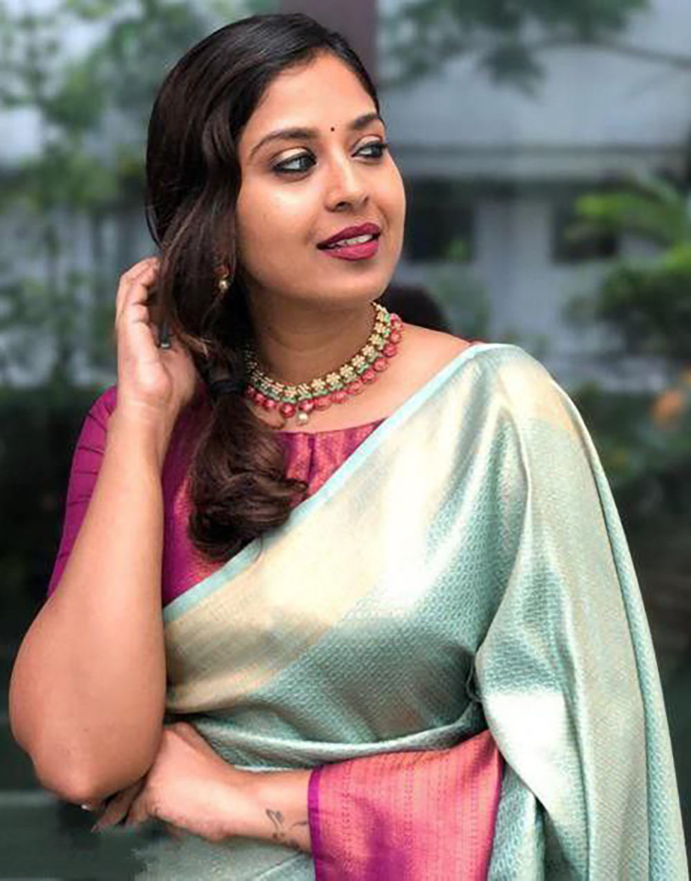 Blush Pink And Green Soft Silk Saree With Blouse